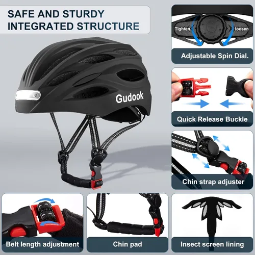 Miniatura 4 de Casco de bicicleta con luz LED: Cascos de bicicleta para hombres y mujeres y adultos con luces delanteras y traseras Casco de ciclismo ajustable
