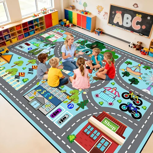 Miniatura 18 de Alfombra de carretera para habitación de niños, alfombra de juego azul para pista de carreras, alfombra de coche para dormitorio, sala