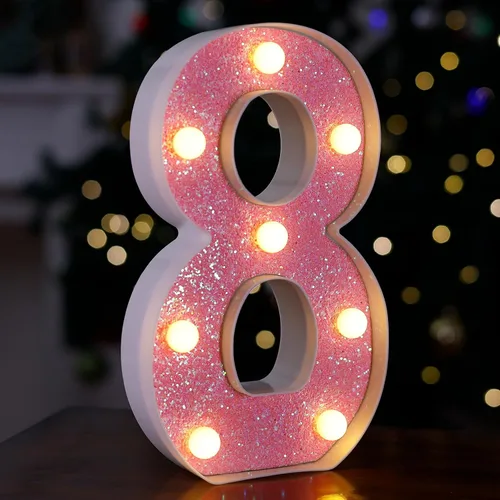 Miniatura 38 de Letras con luces LED, letras de marquesina con brillantina rosa, letras del alfabeto, letreros iluminados por pilas, para decoración de fiestas