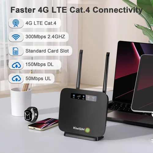 Miniatura 2 de KiwiSIM Enrutador WiFi portátil 4G LTE, puertos WAN y LAN, tarjeta de datos de 1 GB, punto de acceso móvil WiFi de 300 Mbps, compatible