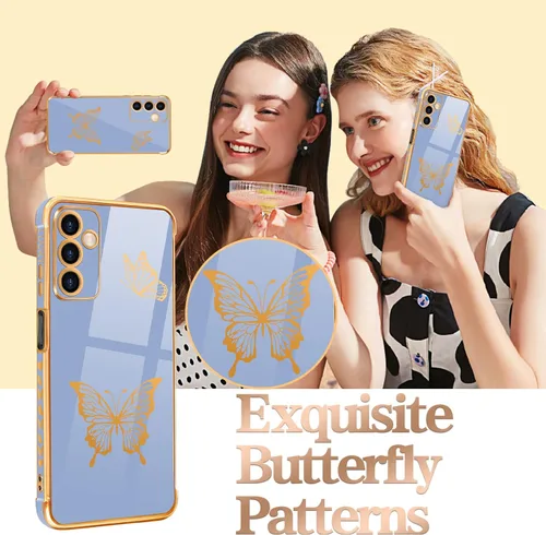 Miniatura 4 de Funda de teléfono para Samsung Galaxy A14 5G con diseño de mariposas para mujeres y niñas, diseño de mariposas chapadas en oro y azul oscuro