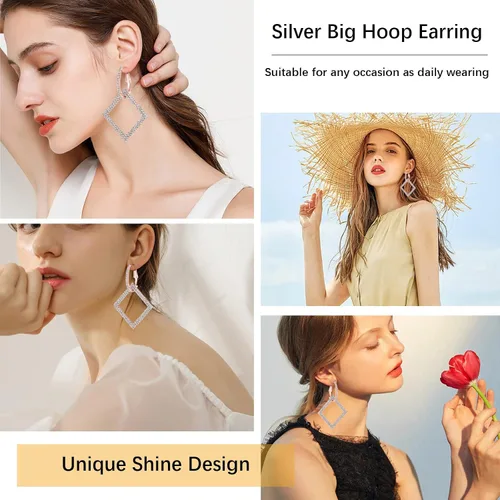 Miniatura 2 de KISZU Aretes de aro dorados plateados para mujer, delicados aretes colgantes cuadrados de diamantes de imitación de cristal para niñas, juego