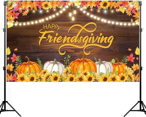Miniatura 2 de Nepnuser Telón de fondo para cabina de fotos de Happy Friendsgiving de cosecha de otoño, decoración de fiesta de amigos, hojas de arce, girasol