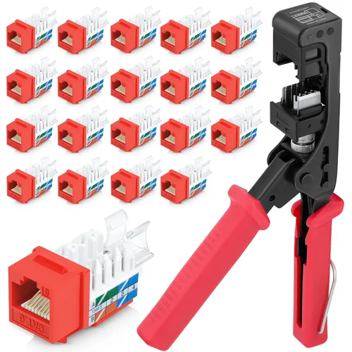 Everest easyJACK - Juego de herramienta Keystone con ángulo de 45° para terminación rápida - con paquete de 20 conectores Keystone RJ45 Cat6 en rojo