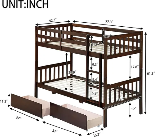 Miniatura 2 de Litera individual sobre individual con 2 cajones de almacenamiento, convertible en 2 camas (cama de plataforma y cama alta junior), cabecera