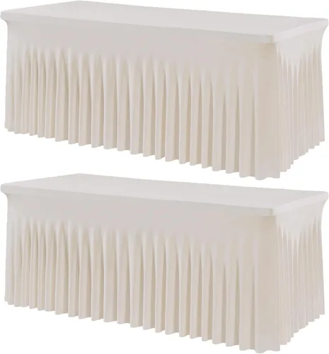 Miniatura 101 de Paquete de 2 manteles de spandex para mesas rectangulares de 8 pies, mantel elástico rosa de 8 pies, manteles ajustados, falda de mesa para fiestas