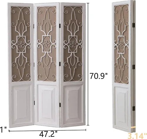 Miniatura 4 de SOFE Separador de habitación de madera de 3 paneles de 6 pies de alto, paneles plegables de pantalla de tocador rústico, divisor de pared decorativo