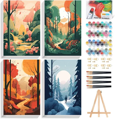 Miniatura 14 de Offito Paquete de 4 pinturas enmarcadas por números para adultos principiantes con caballete de madera, kit de pintura fácil de paisaje por números