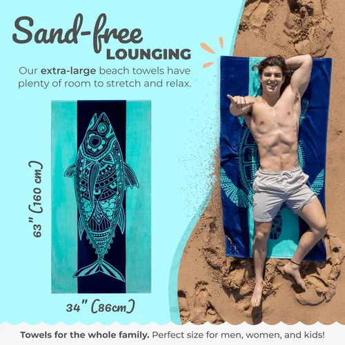 Miniatura 3 de Nova Blue - Toalla de playa de atún azul (34 x 63 pulgadas) – Toallas de playa a rayas azules de algodón 100% – Toalla de piscina de secado rápido