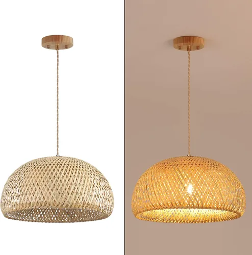 Miniatura 7 de Lámpara Colgante Grande de Bambú de 17.8 Pulgadas de Una Luz Ajustable, Cesta Rústica Hecha a Mano Tejida, Iluminación Colgante para Isla de Cocina