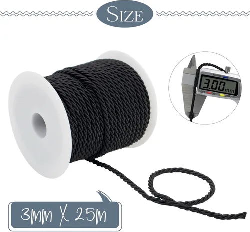 Miniatura 2 de Cuerda de seda trenzada de 27 yardas, cuerda decorativa gruesa de satén negro de 0.118 pulgadas, cordón para manualidades, amarre de cortina