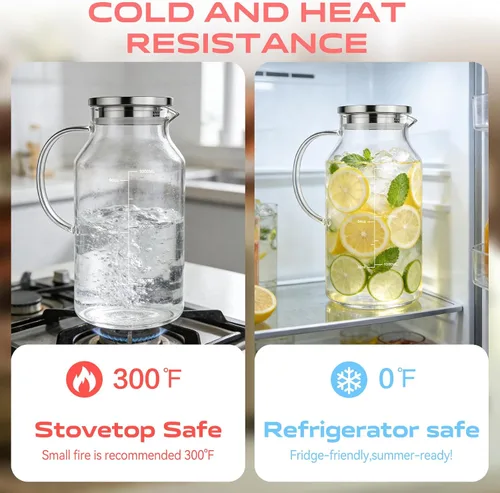 Miniatura 6 de Aofmee Jarra de vidrio con tapa y asa, jarra de agua de vidrio con tapa, jarra de té helado, jarra de borosilicato para bebidas frías o calientes