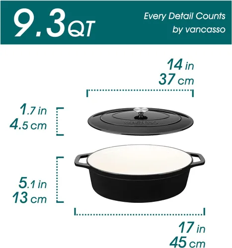 Miniatura 2 de vancasso Horno holandés ovalado de hierro fundido esmaltado, 9.3 cuartos de galón con revestimiento de esmalte antiadherente para hornear pan, olla