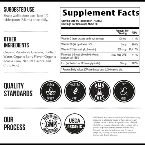 Miniatura 7 de Suplemento de hierro líquido Certificado orgánico, sabor a bayas, alimento entero, refuerzo de absorción de vitamina C y construcción de sangre