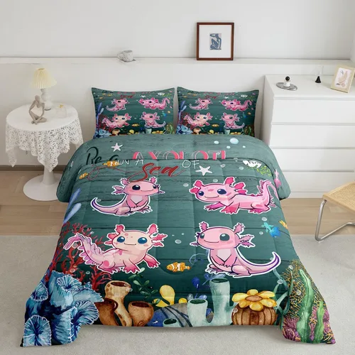 Miniatura 21 de Erosebridal Juego de edredón de ajolote rosa Kawaii Walking Fish para niños, edredón de reptil de criatura bajo el mar, arrecife de coral