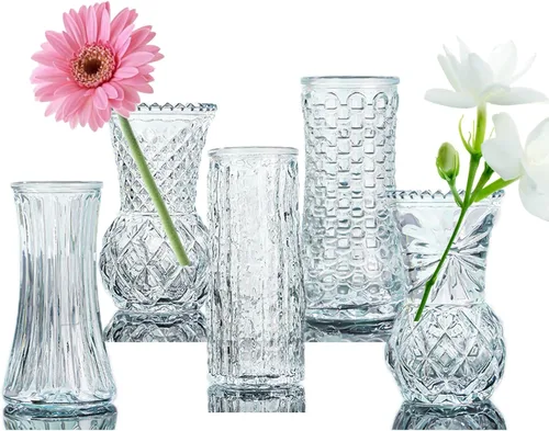 Juego de 5 jarrones transparentes para centros de mesa decorativos, vintage en relieve a granel con textura de cristal linda, decoración de boda,