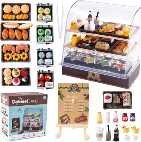 86 piezas de miniatura de panadería, estante de pasteles, gabinete de exhibición con juego de alimentos, mostrador de miniaturas de plástico, donuts