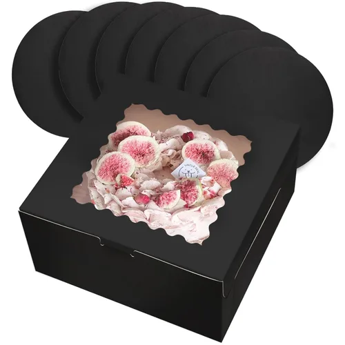 qiqee 10x10x5 Caja para pasteles, 18 juegos de cajas para pasteles negras con ventana y 18 juegos de bases redondas negras de 10 pulgadas,
