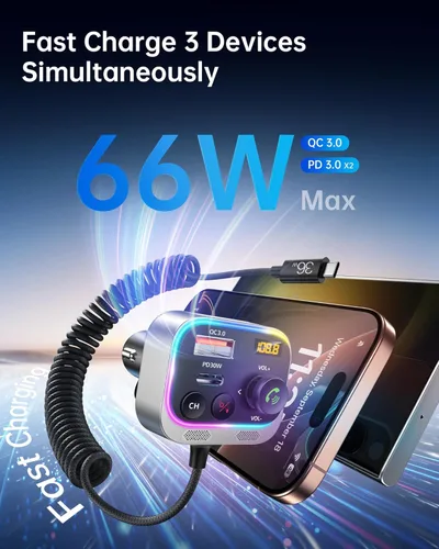 Miniatura 3 de Syncwire Transmisor FM Bluetooth 5.4 Adaptador de coche 66 W PD y QC 3.0 de carga rápida con cable USB-C, adaptador de radio inalámbrico con control
