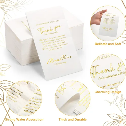 Miniatura 3 de Yeaqee Paquete de 100 servilletas de boda, 2 capas de Mr & Mrs para cena, servilletas doradas para recepción, toallas decorativas desechables