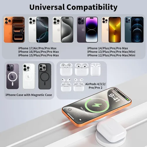 Miniatura 6 de Cargador inalámbrico magnético para iPhone, [certificado Apple MFi] Cable de carga Apple Mag-Safe de 6 pies, almohadilla de carga inalámbrica