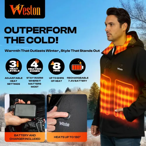 Miniatura 2 de WESTON Abrigo térmico para hombre, 4 zonas de calefacción, 7.4 V, batería recargable de 4800 mAh, 3 niveles de calor ajustables
