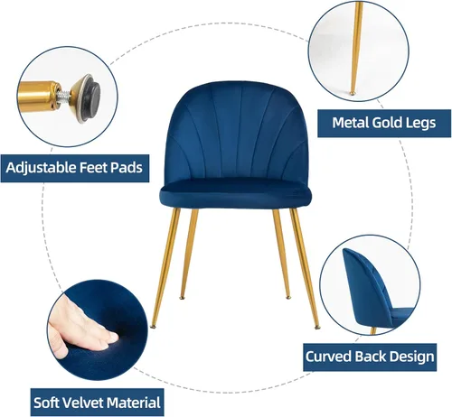 Miniatura 5 de Juego de 2 sillas de comedor de terciopelo, sillas de comedor modernas tapizadas de mediados de siglo, sillas decorativas sin brazos con patas