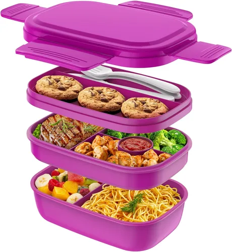 Miniatura 9 de HOMETALL - Lonchera bento apilable para niños y adultos, gran capacidad de 1900ml, contenedores de almuerzo a prueba de fugas con juego de cubiertos