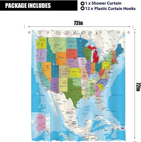 Miniatura 4 de Cortina de ducha con mapa americano, 72 x 72 pulgadas, geografía educativa, ciudades de Estados Unidos, tecnología de tierra blanca, colorida