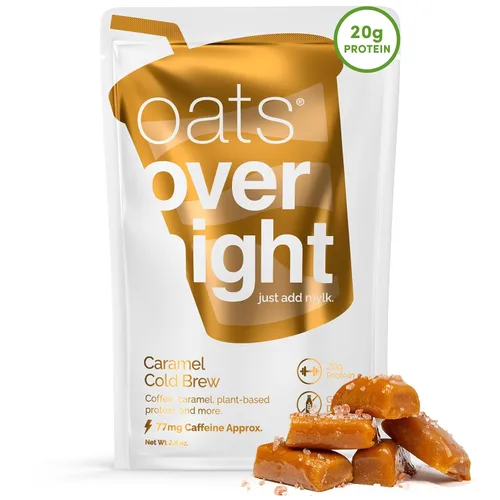 Oats Overnight - Caramel Cold Brew - Vegano, 0.71 oz de proteína, batido de desayuno alto en fibra, 65 mg de cafeína, sin gluten, avena sin OMG (2.6