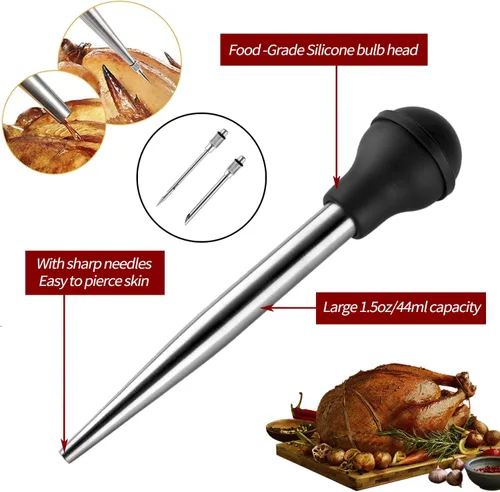 Miniatura 2 de JY COOKMENT Jeringa de acero inoxidable para pavo Baster Baster Jeringa para cocinar Inyector de carne con 2 agujas de marinada, 1 cepillo de Acero