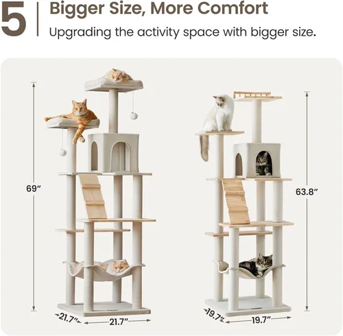 Miniatura 8 de MWPO Árbol grande y moderno para gatos, torre de madera de 70.1 pulgadas para gatos de interior, condominio alto para gatos de varios niveles con 2