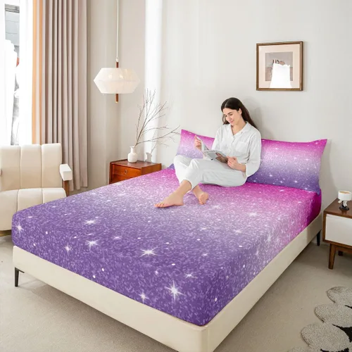 Miniatura 5 de Erosebridal Juego de ropa de cama de lentejuelas con purpurina y estrellas, sábanas de bolsillo profundo arcoíris y galaxia espacial, sábana bajera