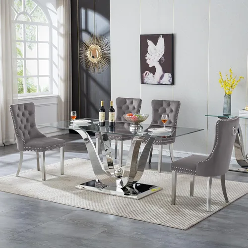 Miniatura 48 de Mesa de comedor moderna de vidrio de 70 pulgadas para 6-8, mesa de comedor de cristal dorado de lujo con base de acero inoxidable en forma de flores