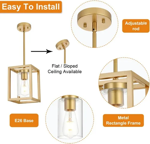 Miniatura 5 de Candelabro rústico de 1 luz con acabado dorado, moderno accesorio de iluminación colgante industrial con pantalla de vidrio transparente, lámpara