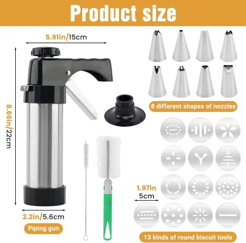Miniatura 3 de Prensa de galletas de acero inoxidable, kit de pistola de prensa de galletas, fabricante de Spritz con 8 puntas de tubería y 13 discos para hacer