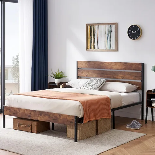 Miniatura 22 de VECELO Base de cama tamaño individual, plataforma de metal resistente con cabecera de madera, no necesita somier, color marrón antiguo