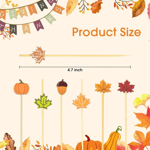 Miniatura 2 de 100 unidades de púas de cóctel de otoño de 12 cm, hojas, calabazas, bellotas, palillos de dientes decorativos elegantes de bambú, palillos