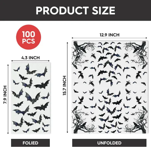 Miniatura 7 de Horaldaily 100 servilletas decorativas de papel desechables de Halloween, toalla de mano de cuervos murciélagos para fiesta, almuerzo, cena, cocina