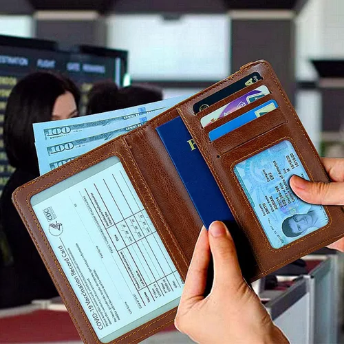 Miniatura 5 de Juego de tarjetero para pasaporte y vacuna, funda con protector transparente de ranura para tarjeta de vacunación, bloqueo RFID de cuero