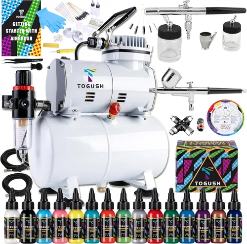 Kit de aerógrafo con compresor de aire, pintura de Airbush de 15 colores, aerógrafo de gravedad y aerógrafo de sifón, compresor de aire silencioso