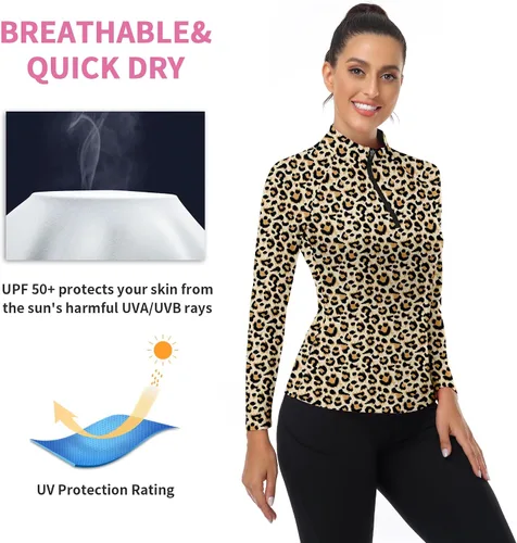 Miniatura 55 de WOWENY Camiseta deportiva de manga larga para mujer, con cremallera de un cuarto, cuello para entrenamiento, camiseta de tenis con estampado