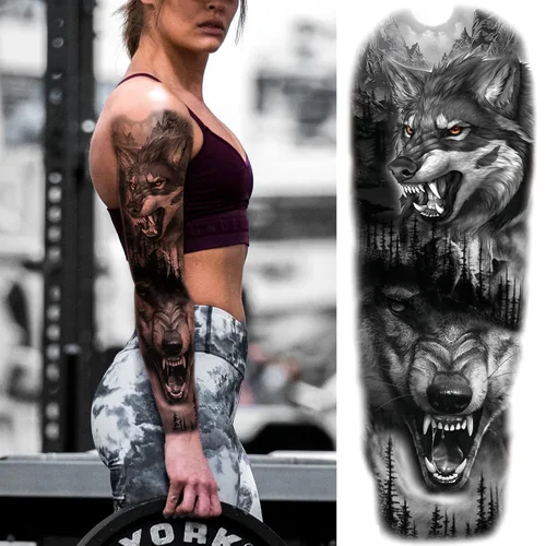 Miniatura 7 de Manga de Tatuaje Temporal de León y Leopardo para Hombres y Mujeres, Manga Completa Grande de Bosque Negro Lobo Tribal, Tatuajes Falsos de Duración