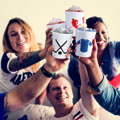Miniatura 6 de Zhehao 30 vasos de plástico con pelota deportiva, vasos reutilizables de plástico para hockey, fútbol, baloncesto, vasos para estadios de 16 onzas