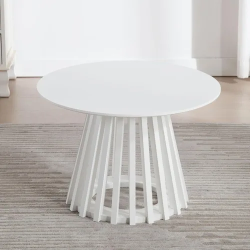 DUOMAY Mesa de centro redonda moderna con base geométrica única, elegante mesa de madera blanca para sala de estar, oficina, salón, color blanco