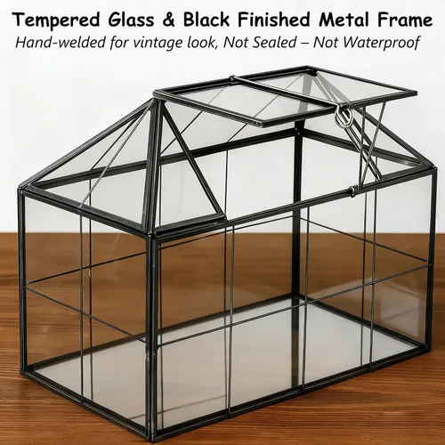 Miniatura 4 de HighFree Maceta geométrica de terrario con tapa giratoria, caja de vidrio negra hecha a mano en forma de casa, terrario miniatura de mesa vintage