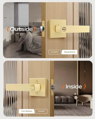 Miniatura 3 de Leydebong Paquete de 2 pomos de puerta de entrada con llave igual, pomo de puerta con cerradura y llave, manijas de puerta doradas para exterior e