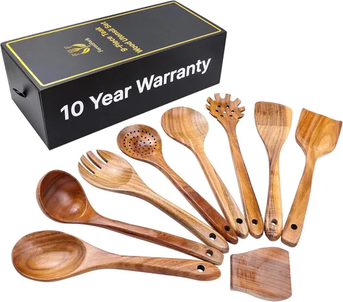 Juego de utensilios de cocina de madera, 9 piezas, cucharas de cocina de madera de teca, resistentes al calor, antiarañazos, herramientas de cocina