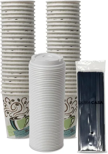 Miniatura 2 de Juego de tazas de papel aisladas con diseño de pajitas y café, tazas de 16 onzas, tapas y palitos para beber