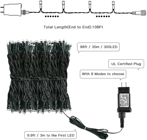 Miniatura 7 de AmyHomie - Cadena de luces navideñas multicolor para exteriores, 300 luces LED con 8 modos de iluminación, guirnalda de luces de hadas conectables